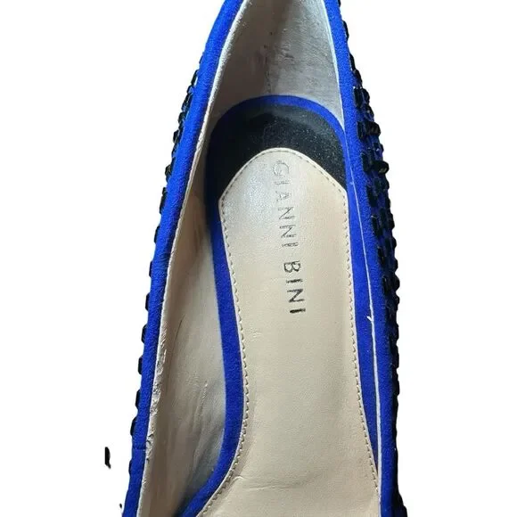 Gianni size 8  Bini Blue Peep-Toe platform stiletto black studded Heels - Picture 5 of 11